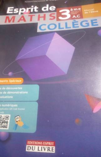 Esprit20de20Maths203C3A8me20annC3A9e20collC3A8ge20-20Manuel.jpg Esprit de Maths 3ème année collège - Manuel – Image 1